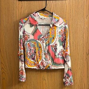 Rachel Zoe Pink and Orange Crop Button Down Blouse with Notched Collar